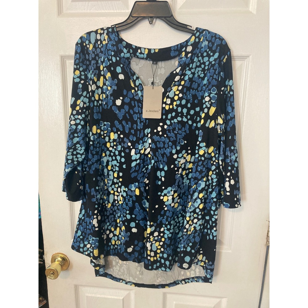 a.Jesdani Womens 2X Tunic Top Blue Yellow Abstract Dot 3/4 Sleeve Split Neck NWT